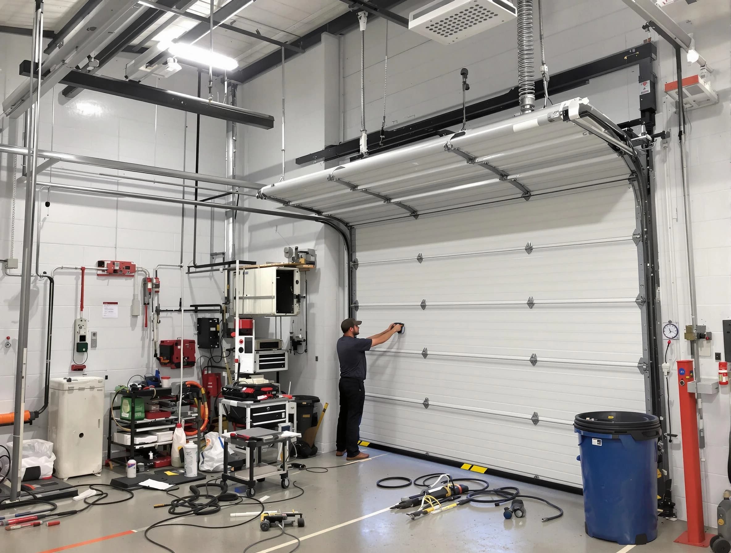 Burlington Garage Door Repair certified technician performing commercial door repair at a Burlington business facility