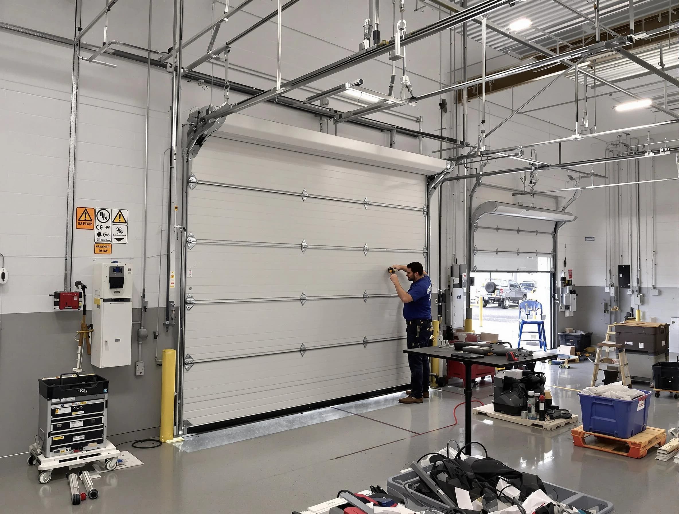 Commercial garage door repair being performed by Burlington Garage Door Repair expert in Burlington