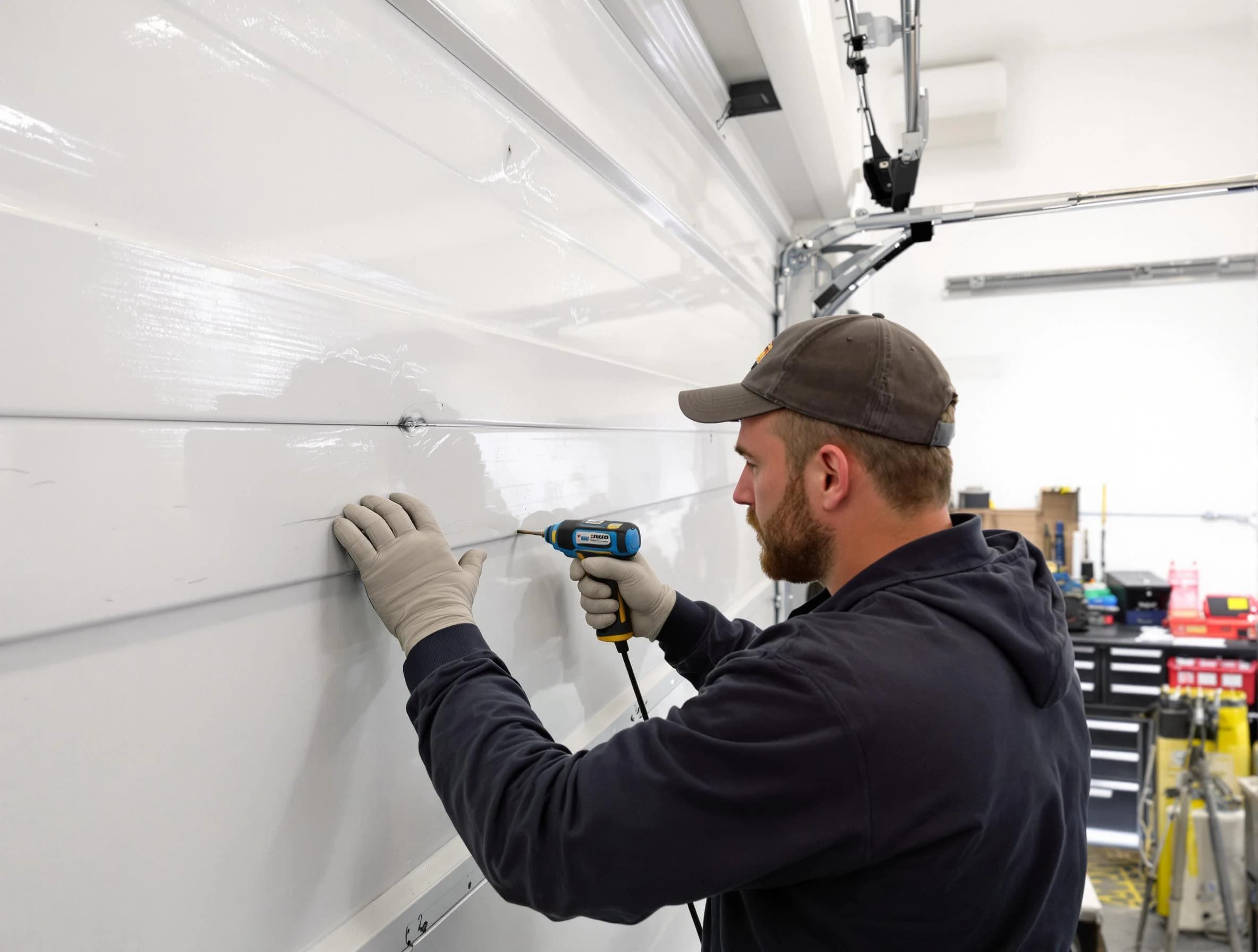 Burlington Garage Door Repair technician demonstrating precision dent removal techniques on a Burlington garage door