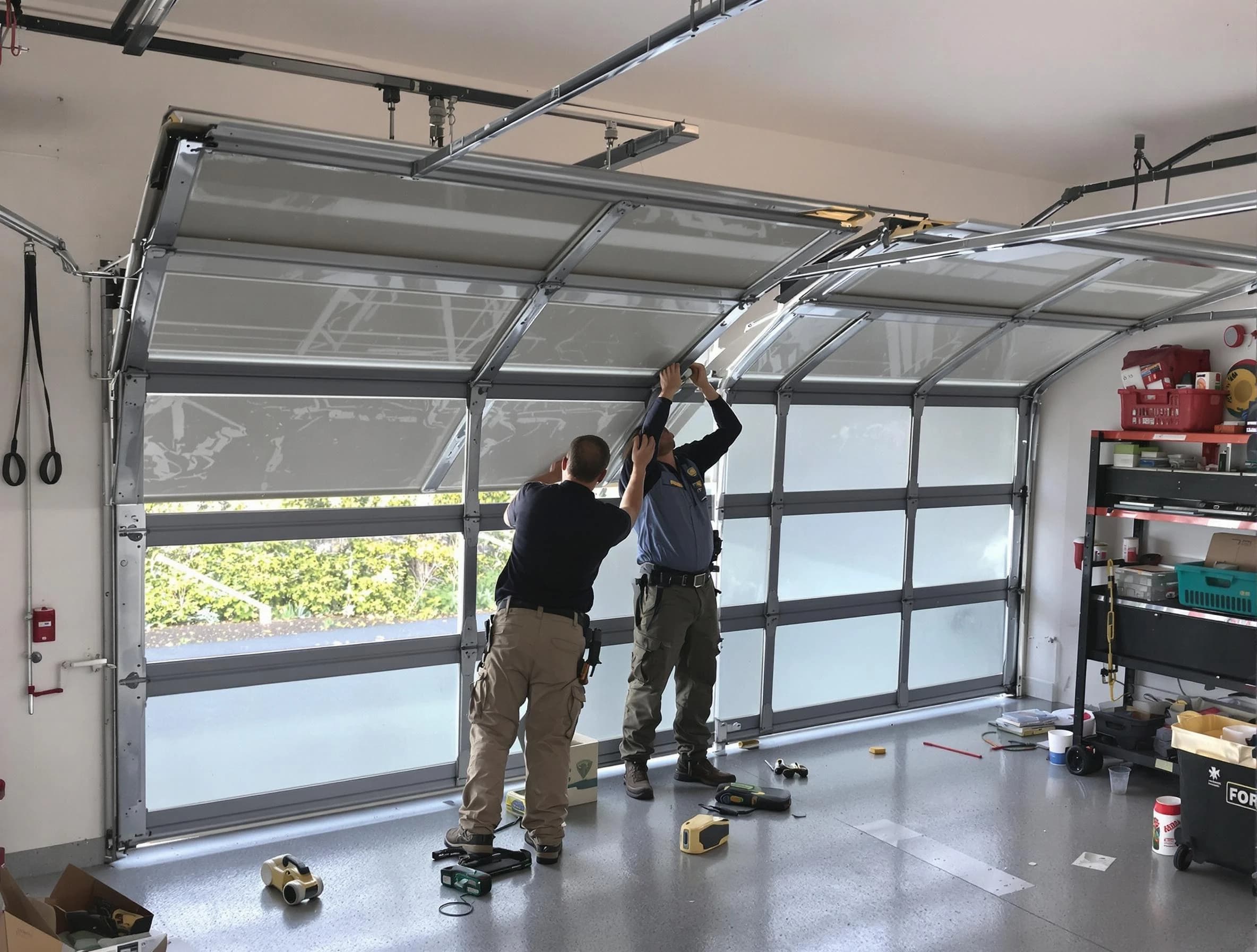 Burlington Garage Door Repair expert performing precise panel replacement on Burlington garage door