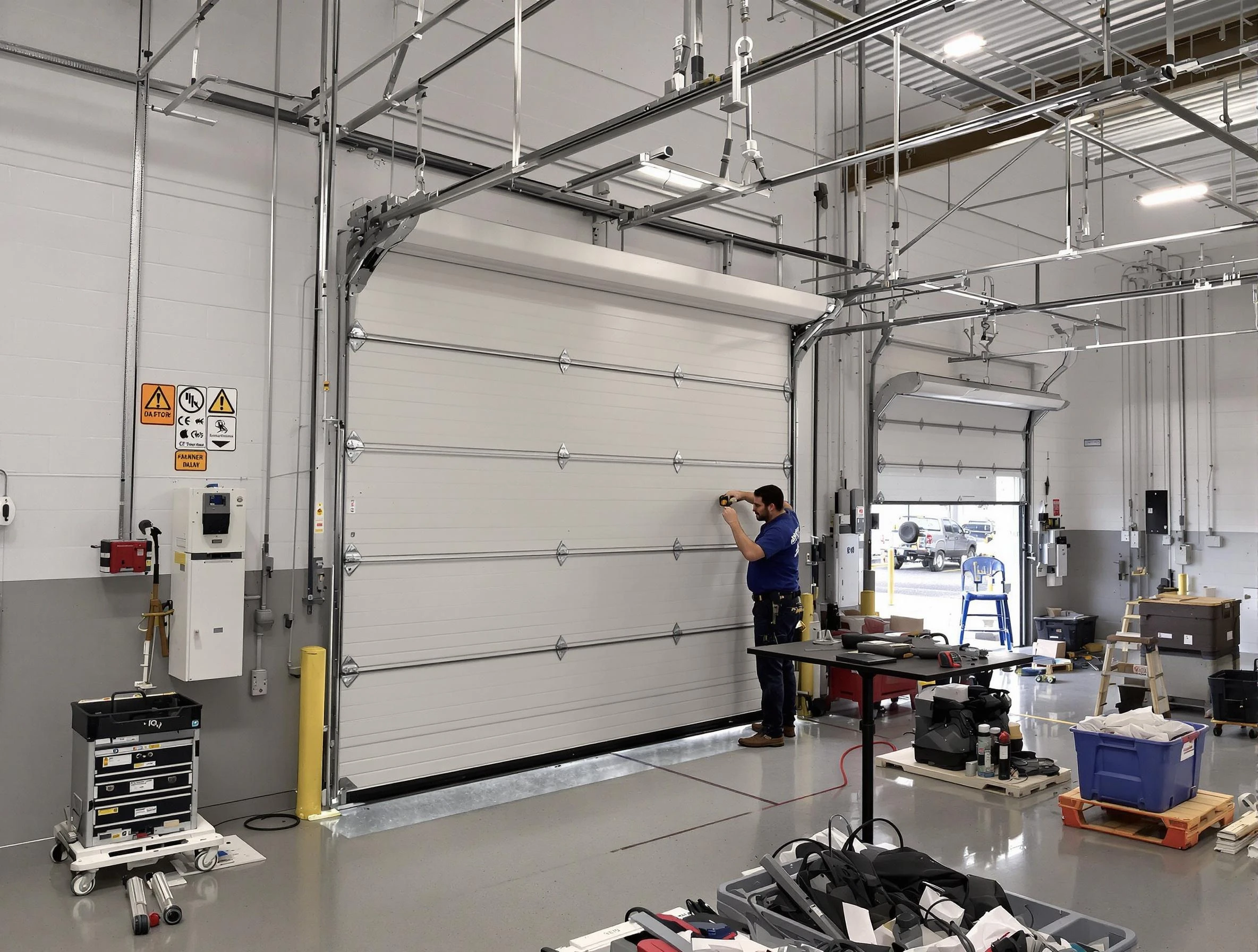 Commercial garage door repair being performed by Burlington Garage Door Repair expert in Burlington