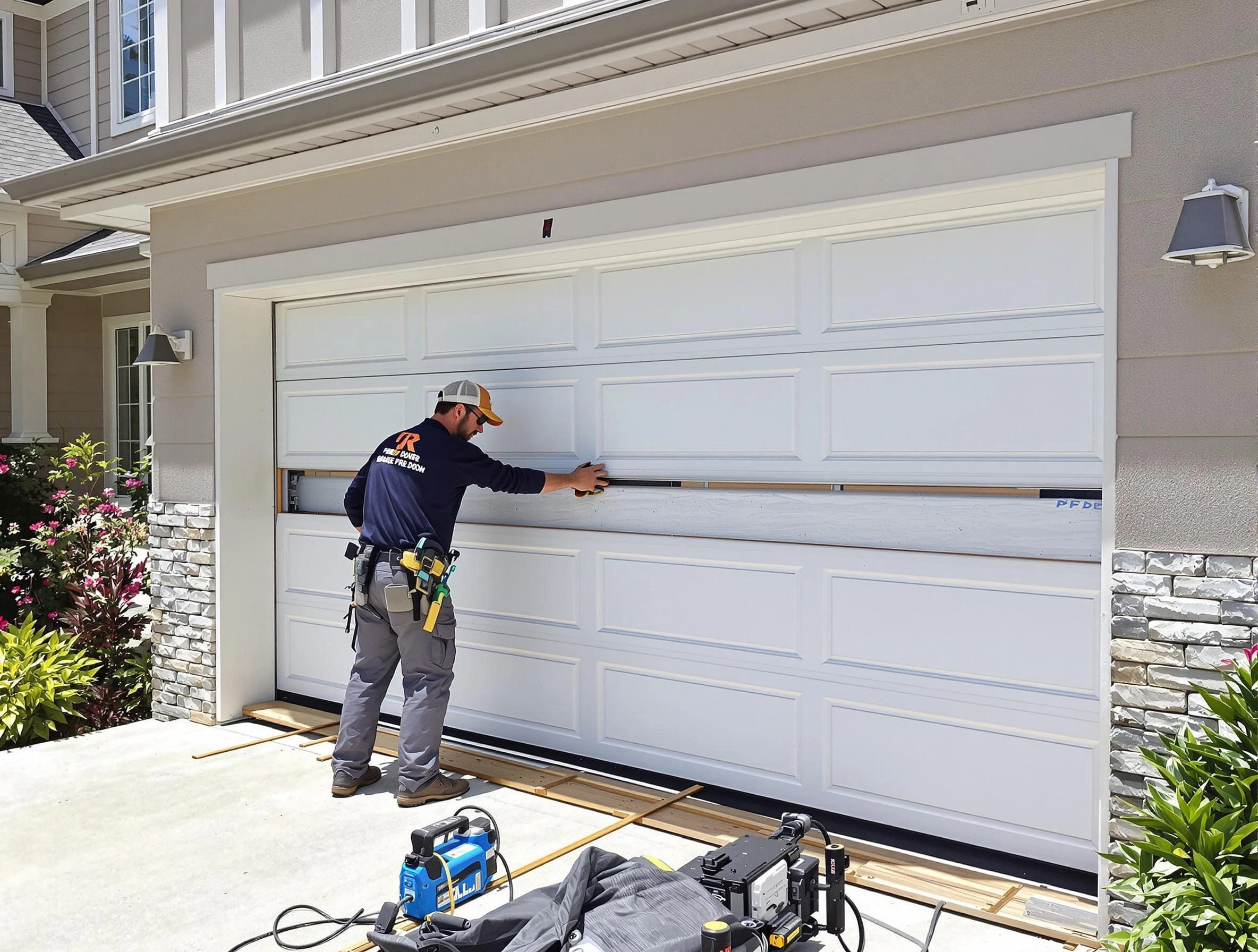 Burlington Garage Door Repair team performing complete garage door replacement at Burlington residence