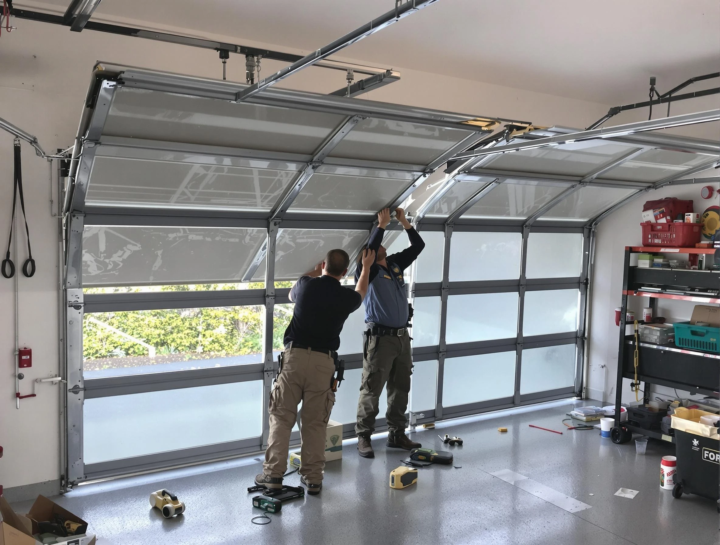 Burlington Garage Door Repair expert performing precise panel replacement on Burlington garage door
