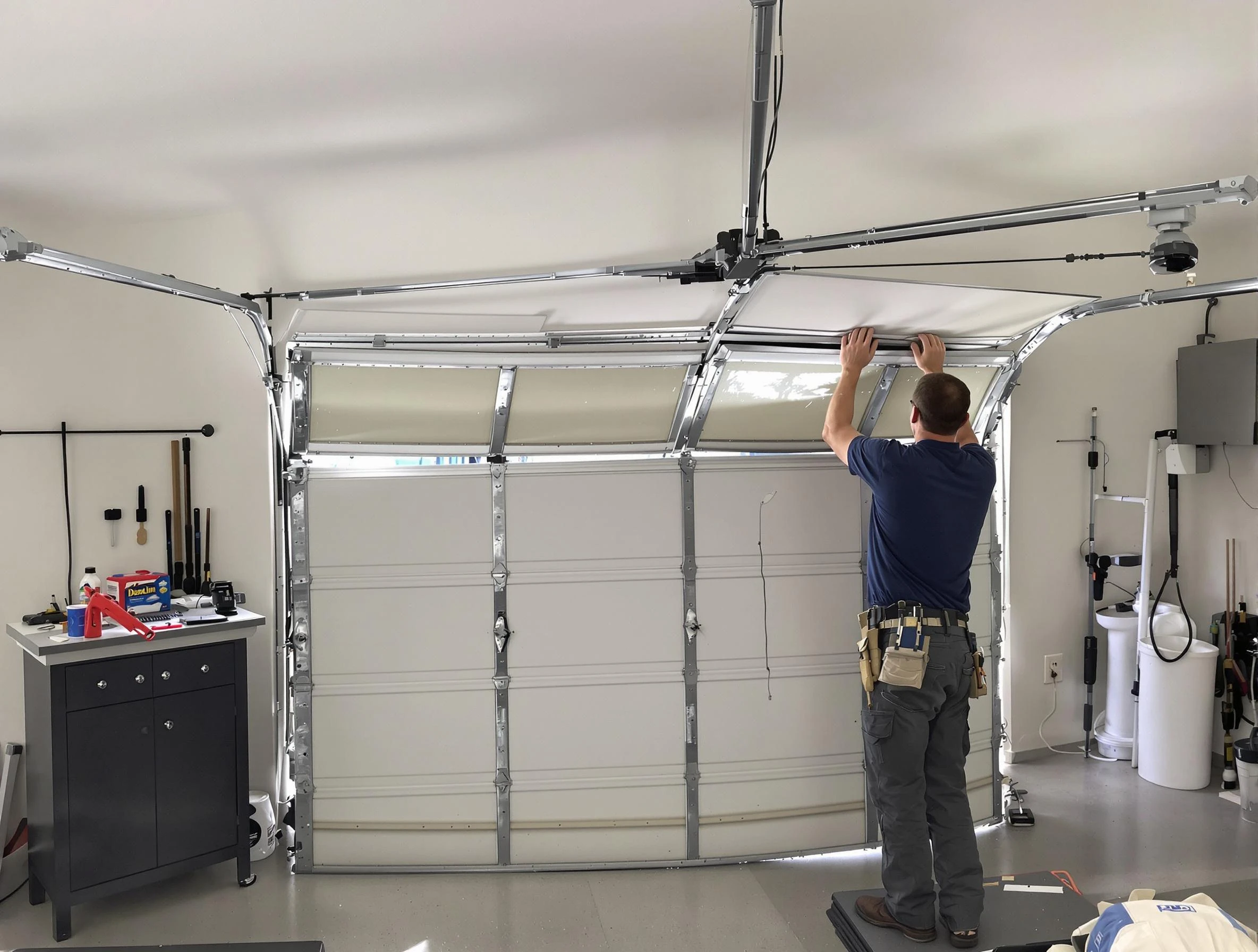 Burlington Garage Door Repair specialist performing precise section replacement on Burlington garage door