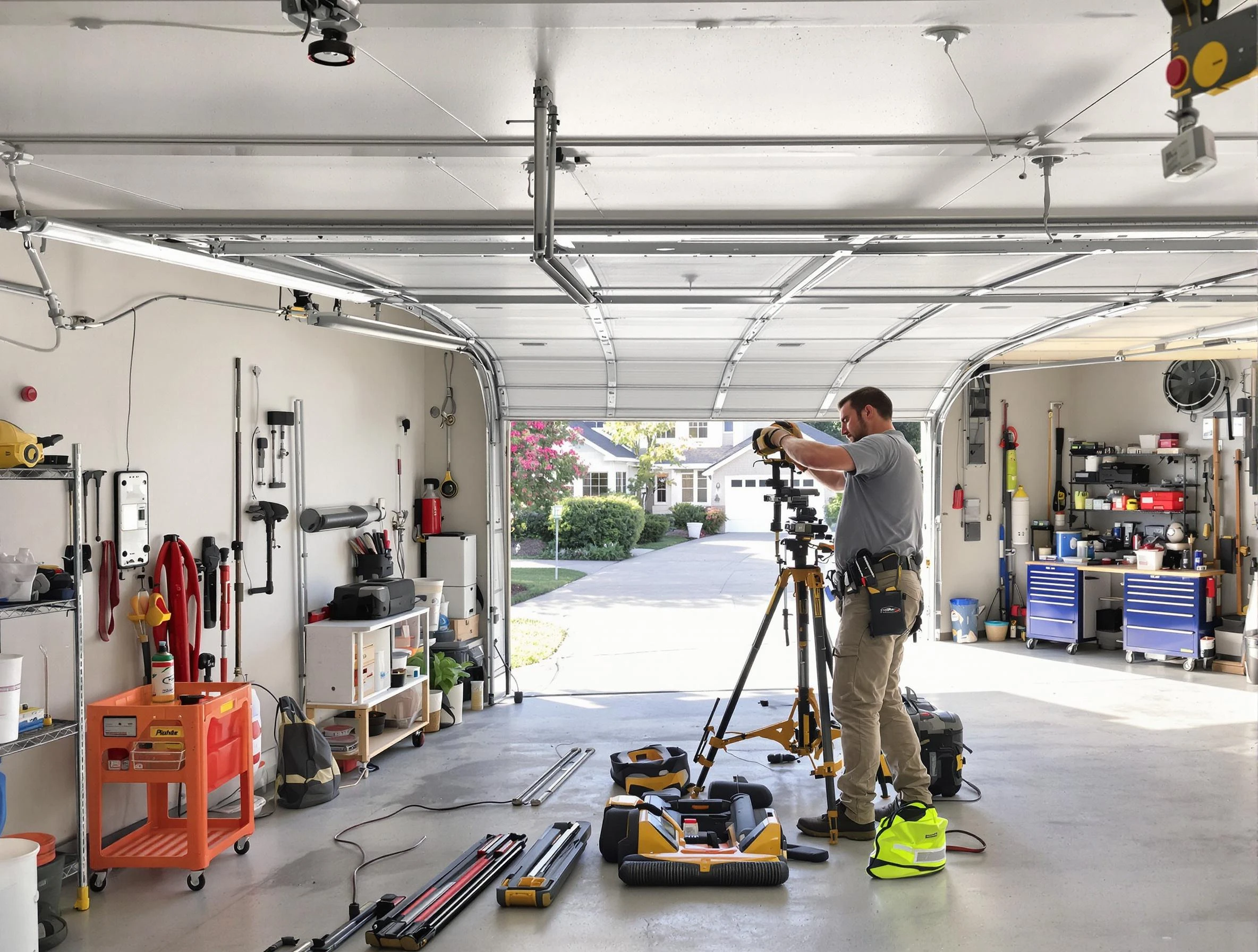 Burlington Garage Door Repair specialist performing laser-guided track alignment in Burlington